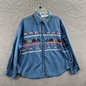Women Western Denim Button Shirt 24 Farm Embroidered Cottagecore Rustic Barn Cow